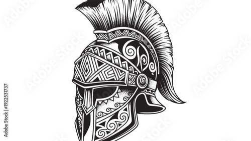 Intricate ancient warrior helmet illustration in black and white.