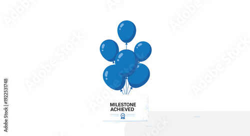 A cluster of blue balloons floats above a Milestone Achieved text and a certification badge.
