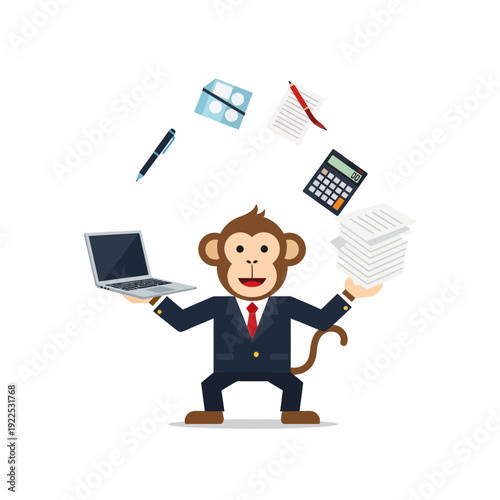 Cartoon monkey in business suit juggling office supplies and documents.