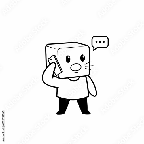 Cartoon character with a cube-shaped head talking on a phone.