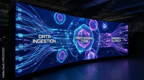 Large led screen displaying an abstract digital concept of data ingestion flowing into a processing core, generating an energy output, representing technological advancements in computing