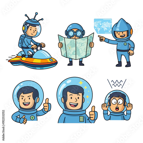 Cartoon astronauts and space explorers in space-themed outfits and helmets.