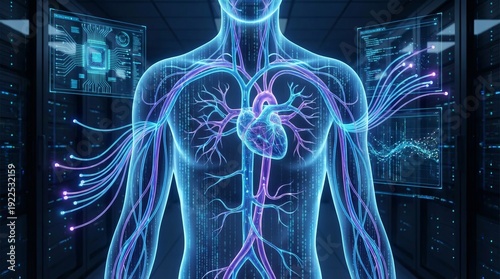 Human body hologram with visible internal organs and circulatory system integrating with digital data streams and server racks, representing a blending of biology and technology