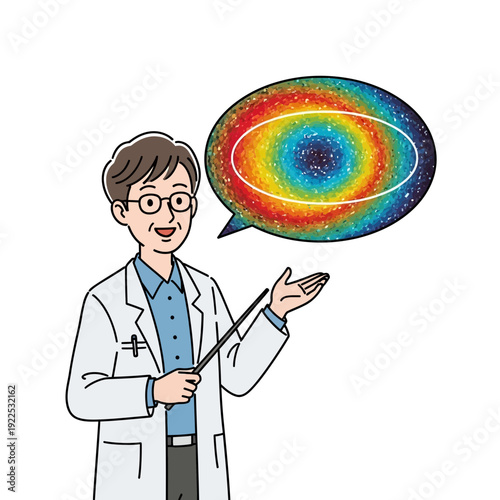 Cartoon scientist explaining a colorful galaxy illustration with a pointer.