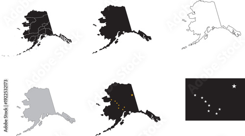 Alaska Map Bundle Set; Silhouette, Regions, Outline and Flag Map
