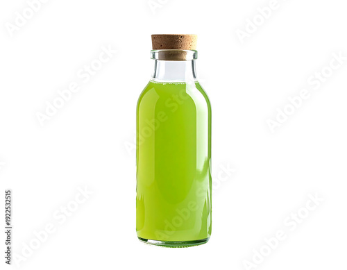 Green liquid beverage in a glass bottle with a wooden cork.