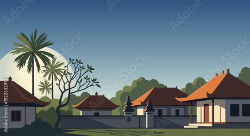 Traditional Asian Style Village Houses Illustration.