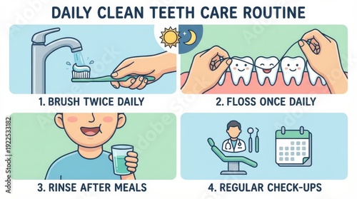 Illustrated steps showing a daily clean teeth care routine detailing brushing twice daily, flossing once daily, rinsing after meals, and regular dental check-ups for optimal oral health