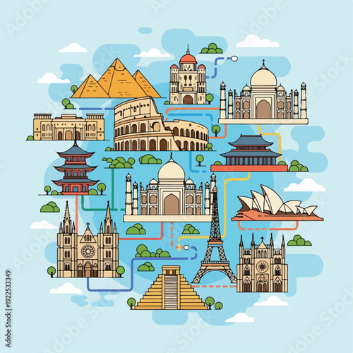 Colorful illustrated image of famous world landmarks in a circular arrangement