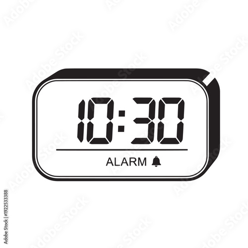 Digital alarm clock displaying the time 10:30 with an alarm icon on a white background for technology themed imagery.