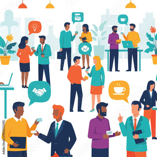Colorful illustrated image of diverse people in a modern office