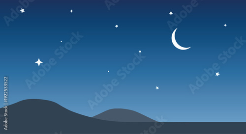 Crescent Moon and Stars in Night Sky.
