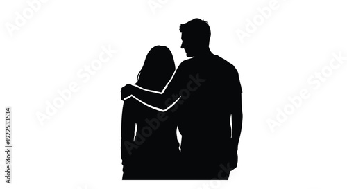 Silhouetted couple embracing a man and woman in a tender pose against a white background