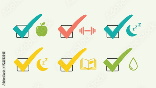 Colorful illustrated icons representing a checklist for a healthy lifestyle