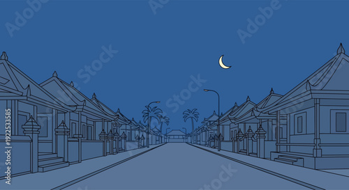 Crescent Moon Above Street with Houses.