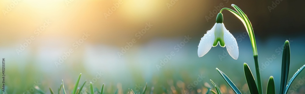 Obraz premium Snowdrop flower with morning dew on petals blooming after winter, symbolizing new beginnings, renewal, hope, and the purity of the early spring season with soft natural light