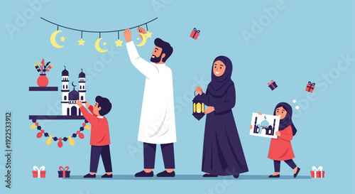 Family Celebrating Eid with Decorations Together.