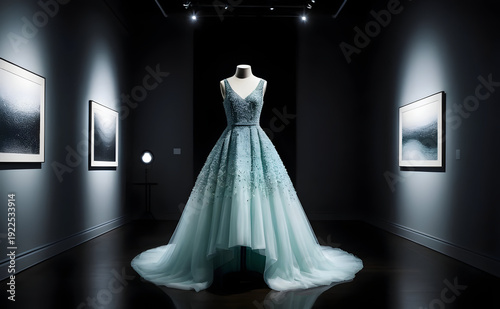 Tailored luxury silhouette embellished evening gown on mannequin in dim gallery with soft spotlight creating elegant mood and refined texture