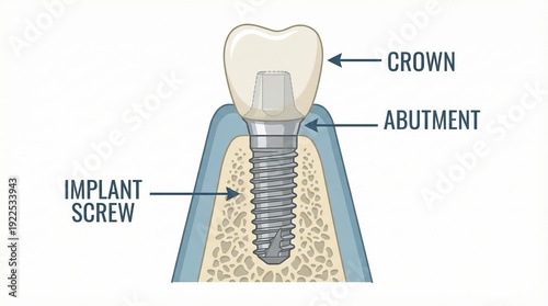 Dental implant system illustrating the components of a permanent tooth replacement, including the crown, abutment, and implant screw rooted in the jawbone