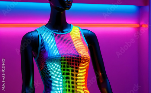 Tailored luxury silhouette neon dress on mannequin in colorful grid lighting evoking vibrant modern glamour and sleek futuristic retail display