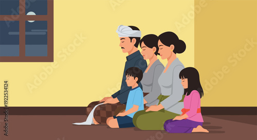 Family Muslim Prayer Together Inside Home.