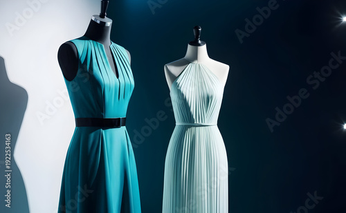 Tailored luxury silhouette elegant teal dress and pleated pale gown on mannequins in studio lighting conveying refined glamour and serene mood