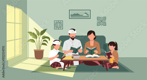 Family Reading Together on Sofa Illustration.