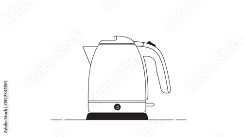 Minimal line drawing of an electric kettle on a plain surface in a kitchen.
