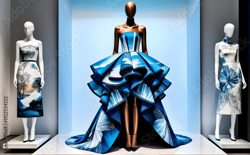Tailored luxury silhouette blue evening gown with sculptural ruffled skirt and artistic print displayed on mannequin in elegant boutique window
