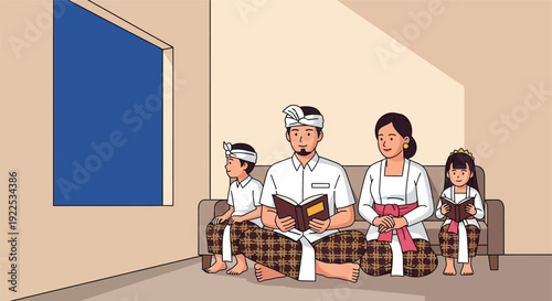 Family Sitting Together on Sofa Reading.