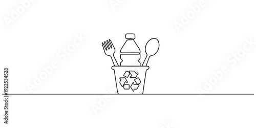 Minimalist, continuous line drawing of a recycling bin containing a plastic bottle, a fork, and a spoon 