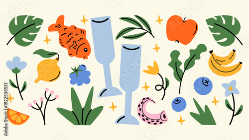 Summer cartoon sticker set with cocktails, juicy fruits, flowers, tropical plants, octopus and fish. Light coastal doodle, groovy vibe.