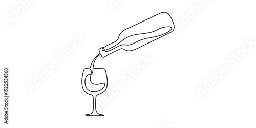 Minimalist continuous line drawing of a wine bottle pouring wine into a wine glass 