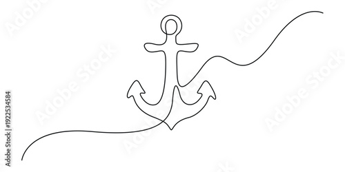 Minimalist, continuous line drawing of a nautical anchor vector design 