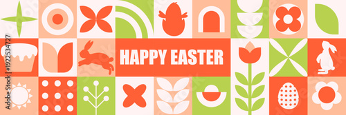 Easter banner decoration with cheerful icons and colorful tiled background