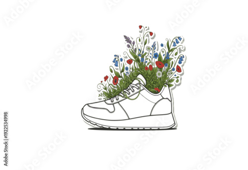 Modern Sneaker with Wildflowers Growth Sticker Silhouette. Urban Sustainability and Eco Friendly Lifestyle Concept Vector.