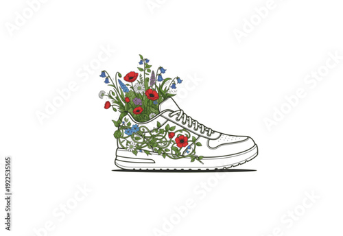 Modern Sneaker with Wildflowers Growth Sticker Silhouette. Urban Sustainability and Eco Friendly Lifestyle Concept Vector.