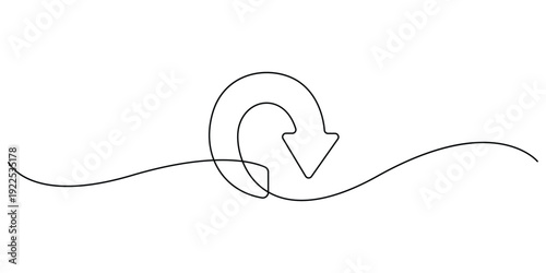 Continuous line art drawing of a back arrow symbol, like replay, reload, or U-turn vector design 