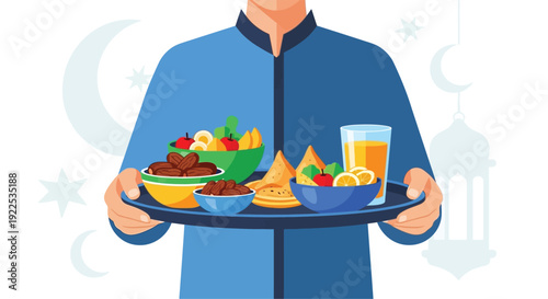 Man holding tray of food and drink.