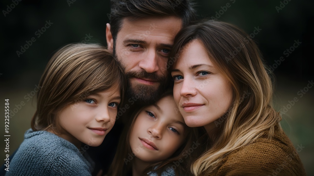 Fototapeta premium A loving family of four parents and two children share a close embrace outdoors conveying warmth and togetherness in a tender portrait
