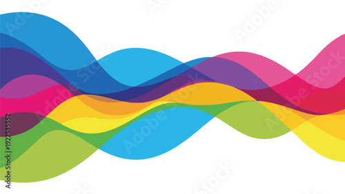 Colorful, flowing wavy shapes, overlapping against a white background