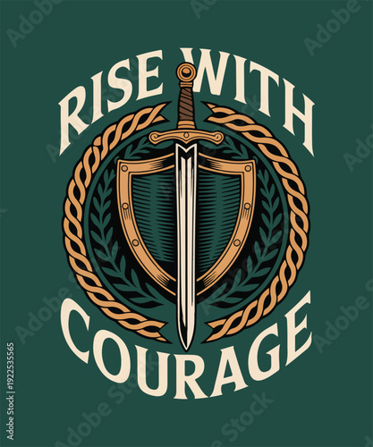 Rise With Courage Vintage Sword Emblem Typography T Shirt Design