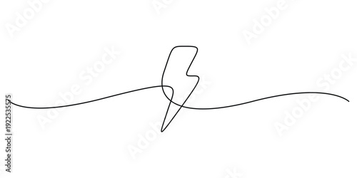 Continuous line drawing of a lightning bolt icon, concepts for power, energy, speed, or a weather phenomenon
