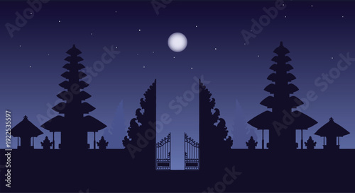 Silhouetted Trees and Temples at Night.