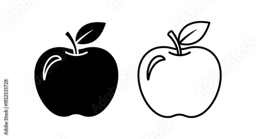 Black and white apple illustration. vector image of apple with leaf. simple design. Vector