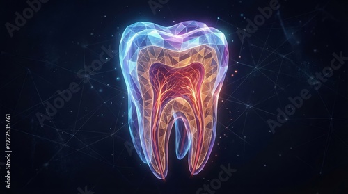 Polygonal glowing tooth with transparent layers revealing enamel, dentin, pulp and roots, set against a dark plexus network to evoke futuristic dental diagnostics and ai analysis