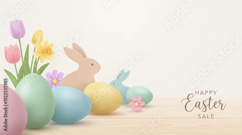 Easter sale banner showing colorful pastel eggs, spring flowers, and bunny cutouts on a light wooden surface, creating a festive holiday advertisement background