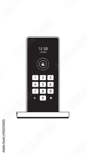 Modern electronic door lock with keypad and display mounted on a door for secure entry and access control.