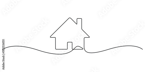 Minimalist continuous line drawing of a house, concepts for real estate, property, and the idea of "home" in a modern, simplistic style