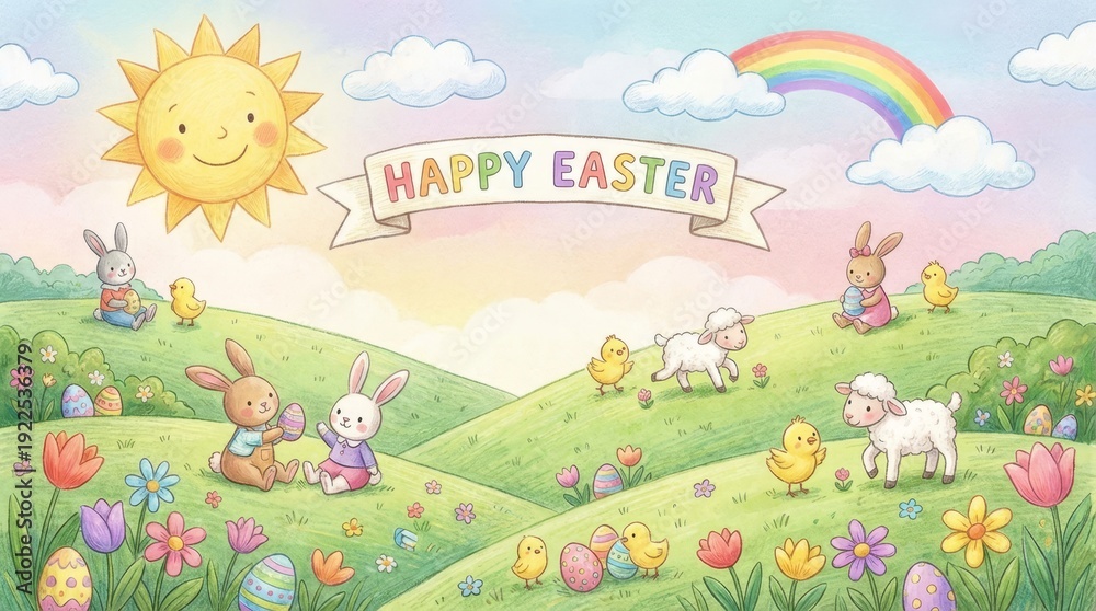 Naklejka premium Cute cartoon bunnies, chicks and lambs celebrate easter on rolling green hills with a smiling sun, rainbow, fluffy clouds, colorful eggs and blooming spring flowers